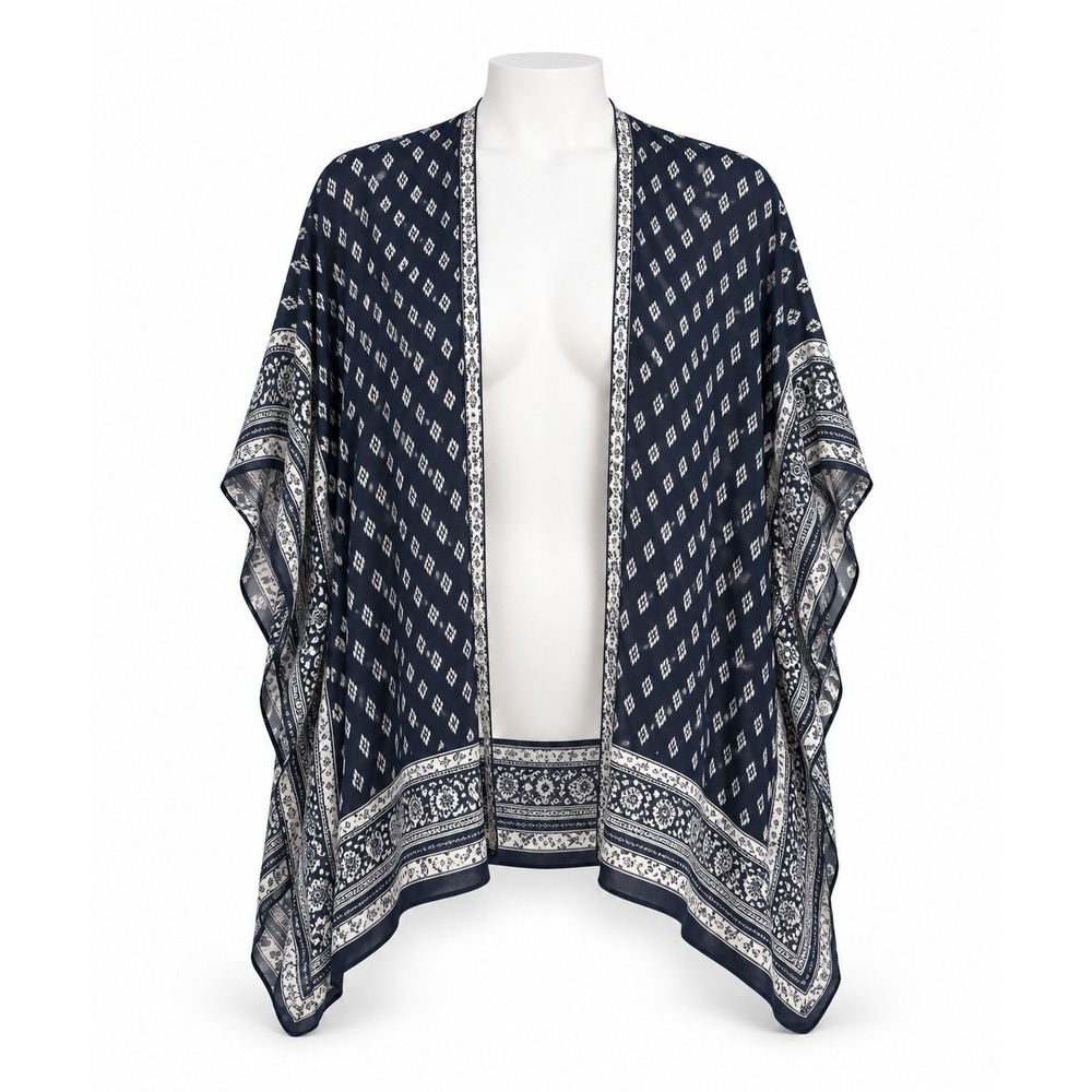 Loft Navy Blue White Geometric Diamond Print Kimono Wrap One Size Open Front